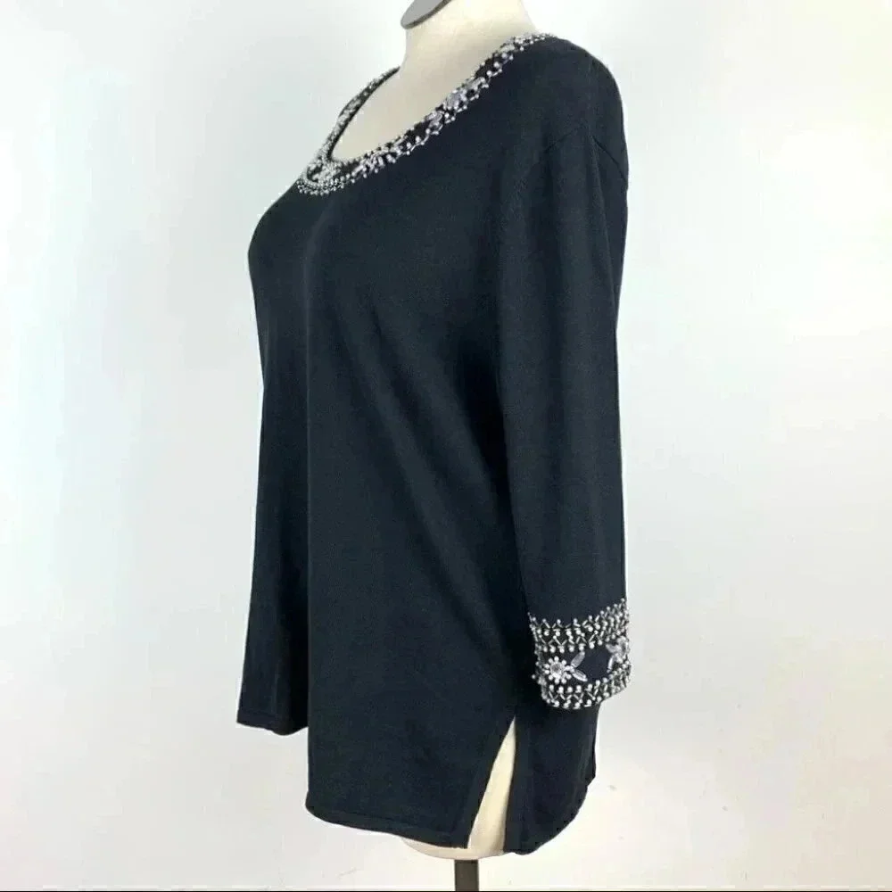 New Bob Mackie womens wearable art knit sweater size XL black beaded
